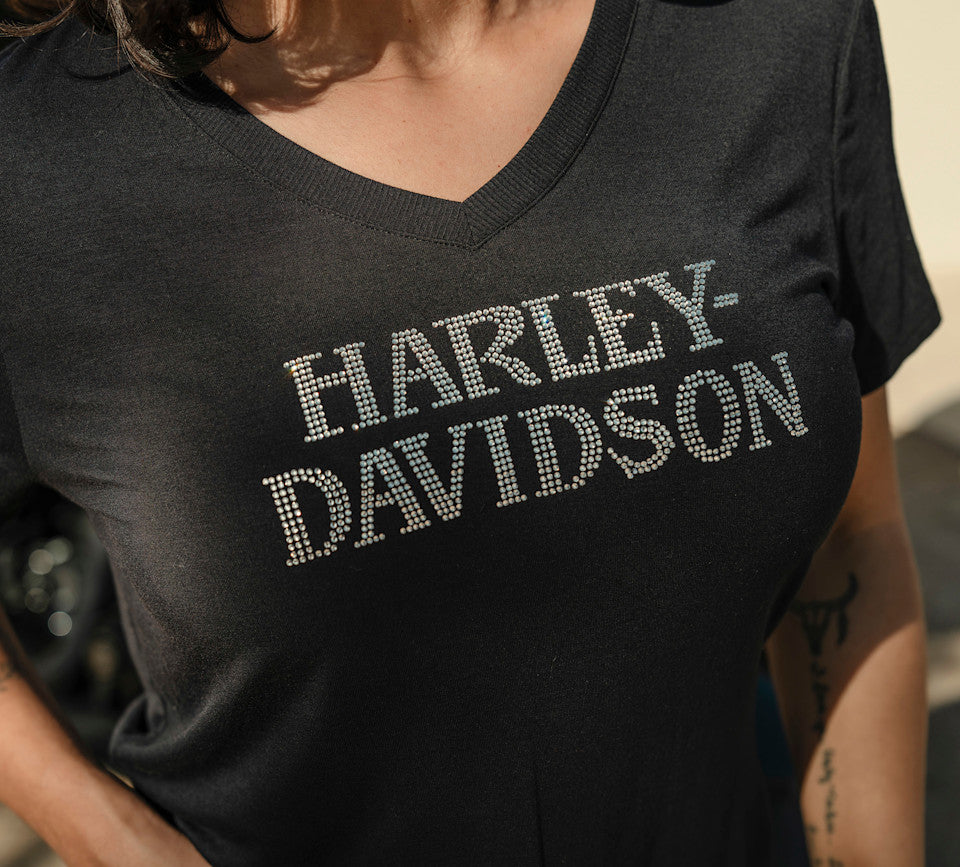 Women's Willie G Skull Bling V-neck - Harley Black