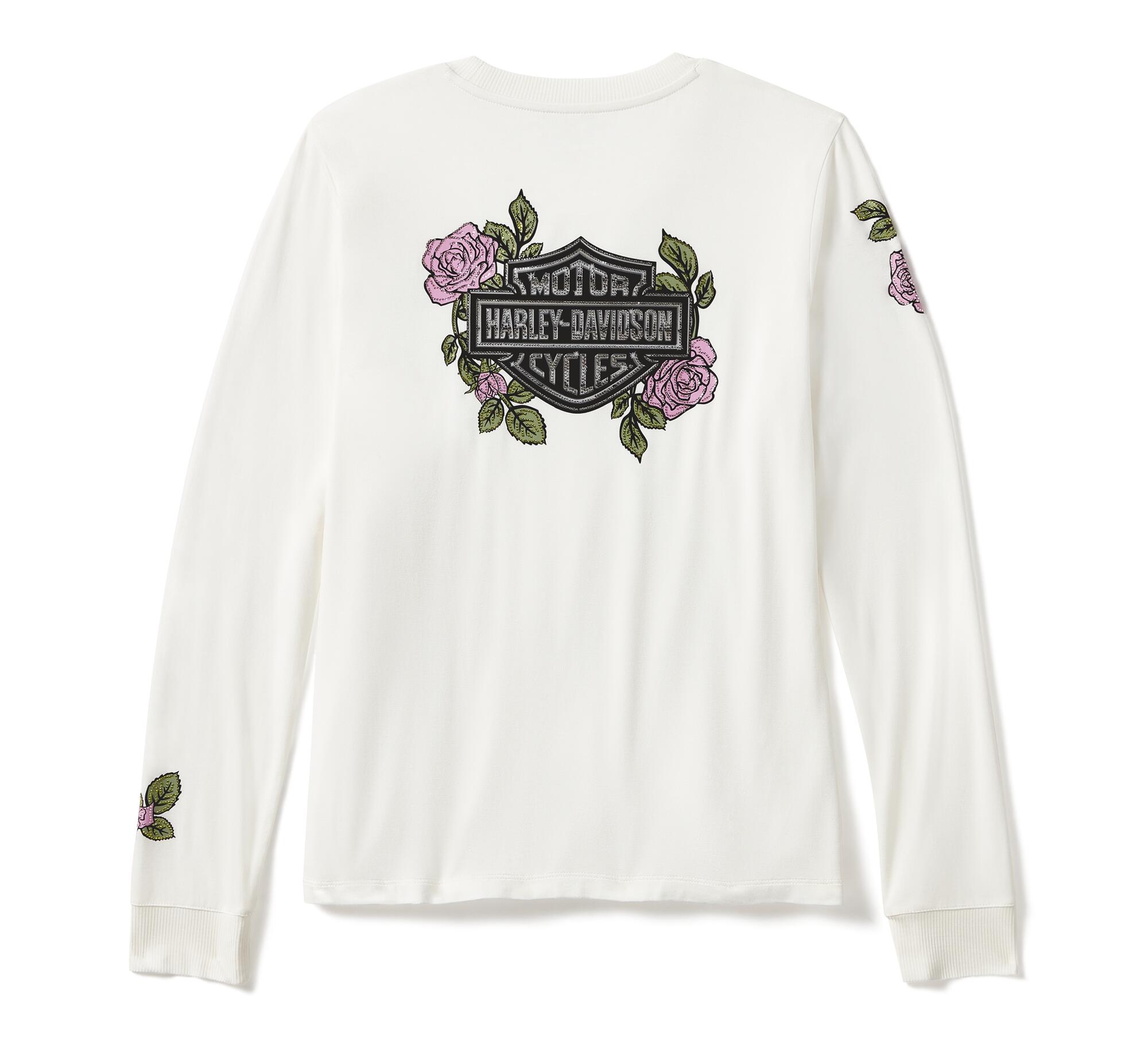 Harley-Davidson Women's Rose & Thorn Bling Long Sleeve Shirt, White
