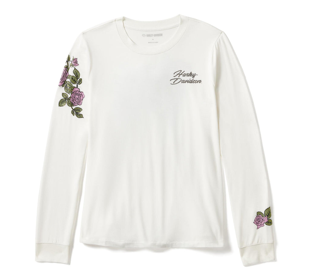 Harley-Davidson Women's Rose & Thorn Bling Long Sleeve Shirt, White