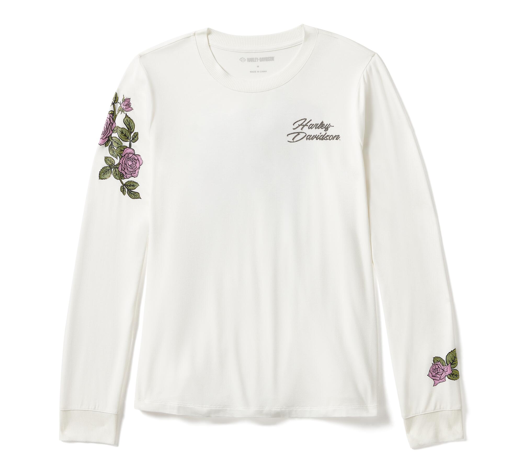 Harley-Davidson Women's Rose & Thorn Bling Long Sleeve Shirt, White