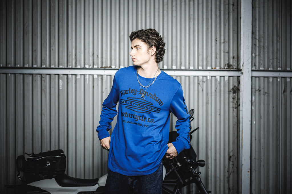 Harley-Davidson® Men's Old English Stacked Bar & Shield Tee – Blue