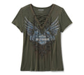 Women's Bling Dark Angel Short Sleeve Laced Front Tee - Grape Leaf