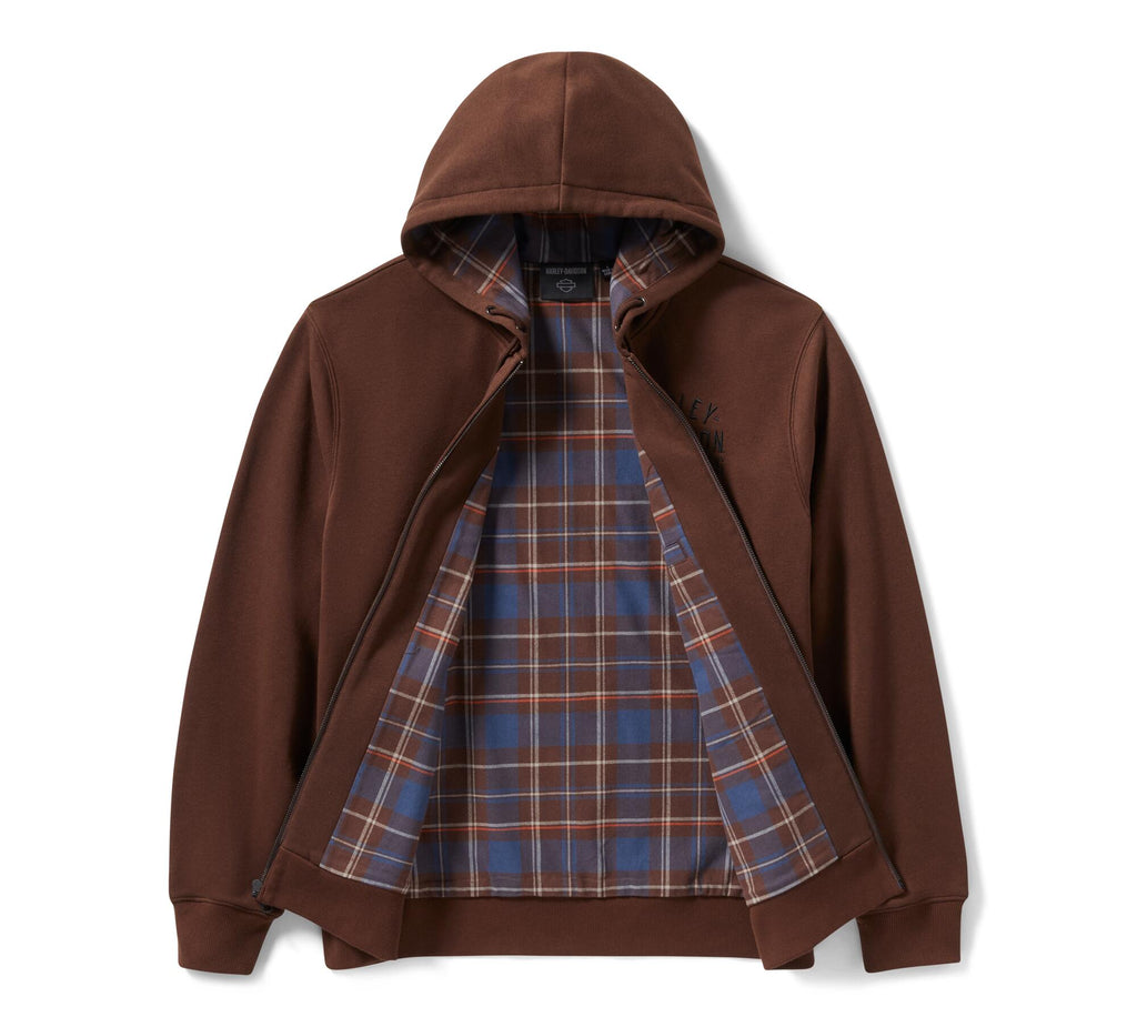 Men's Plaid Lined Zip Hoodie - Coffee